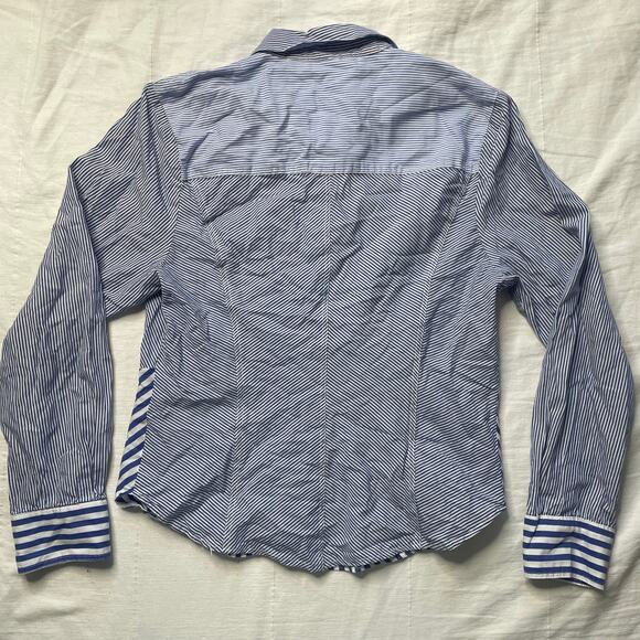 Anthropologie Maeve Blue Stripe Button Up Top Sz 8 Coastal Neutral Cotton - Picture 3 of 6
